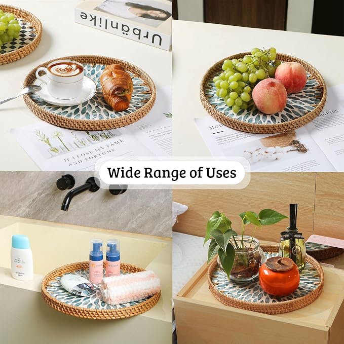 Round Rattan Tray with Mother of Pearl Inlay, Decorative Wicker Serving Tray with Wooden Base, Woven Basket Trays for Bread Fruits Coffee, Light Blue