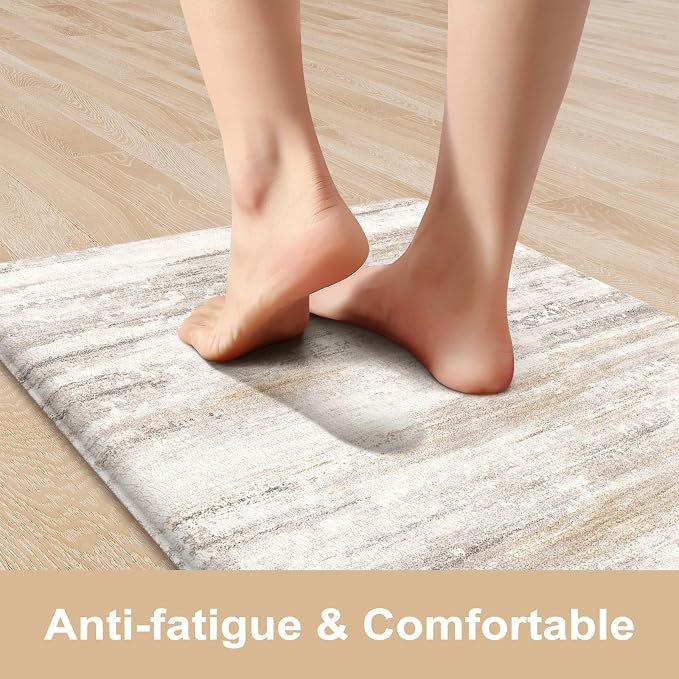 KIMODE Kitchen Mats Cushioned Anti Fatigue, Abstract Farmhouse Kitchen Rugs Sets of 2, Non Slip Kitchen Mats for Floor, Padded Kitchen Floor Mat for Sink Laundry Office Light Brown Multi
