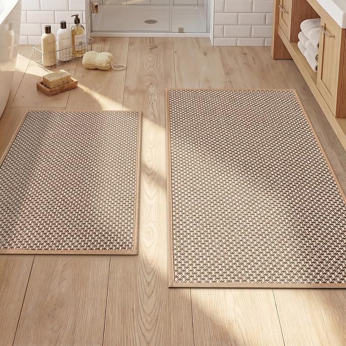 YIHOUSE Thin Bath Mat Khaki Bathroom Rugs Sets 2 Pieces, Non Slip Absorbent Mats Quick Dry, Woven Rugs Washable, Tapetes para Baño for Bathroom Toliet,Bathtub(17"x24"+17"x32")