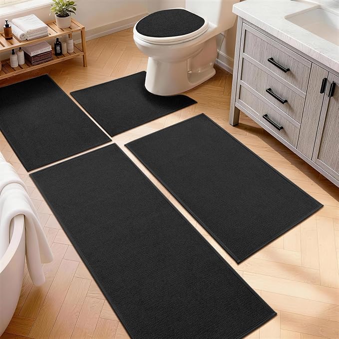 YIHOUSE Black Bathroom Rugs Sets 5 Piece, Quick Dry Thin Bath Mat with Toilet Rug, Non Slip Absorbent Machine Washable, Bath Runner Rugs for Bathtub Sink Home Decor