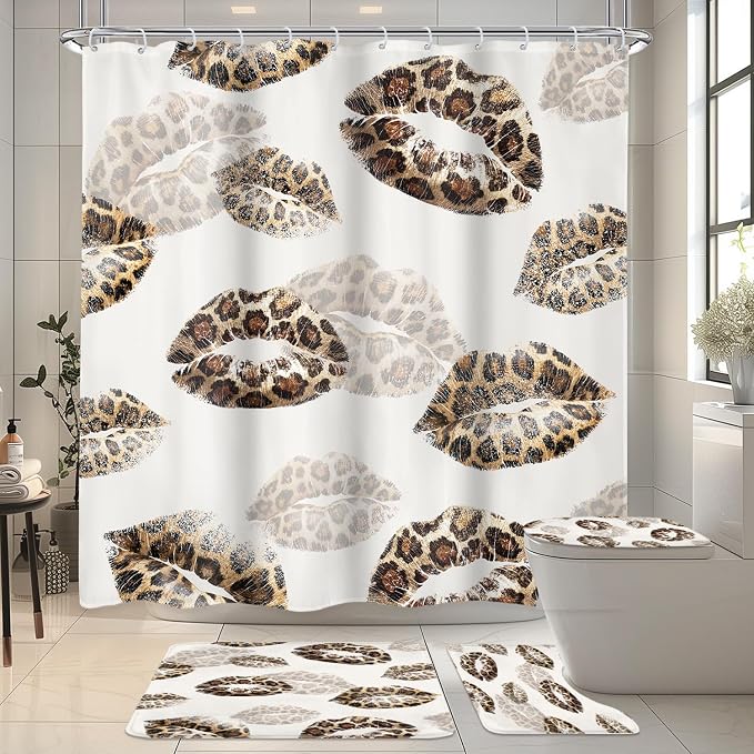 4 PCS Kiss Lips Shower Curtain Set 72Wx72H,Toilet Lid Cover,Non-Slip Rugs and U-Shaped Mat,Wild Cheetah Leopard print Bathroom Sets with Rugs Shower Accessories 12 Hooks for Bathroom Decor