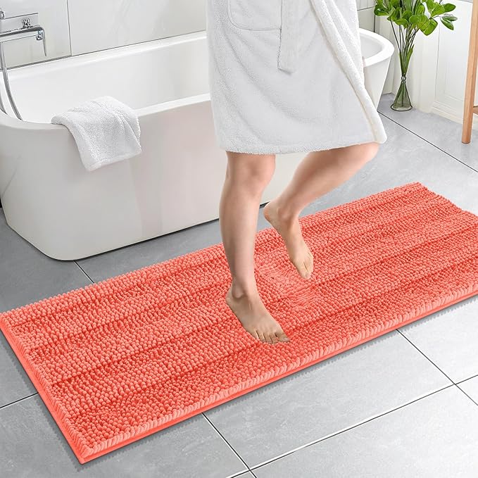 OLANLY Thick Bathroom Runner Rugs 59x20, Absorbent Chenille Striped Bath Rugs, Rubber Backing, Machine Wash Dry, Extra Long Bath Mats for Bathroom Floor, Tub and Shower, Home Decor Accessories, Coral