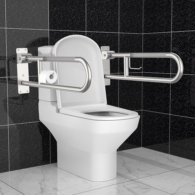 Toilet Grab Bar 30.3 Inch, Munzong Anti-Slip Handicap Grab Bars with Paper Holder, Flip-Up Bathroom Toilet Safety Rails, Stainless Steel Knurled Support handrails for Seniors Elderly Disabled Pregnant