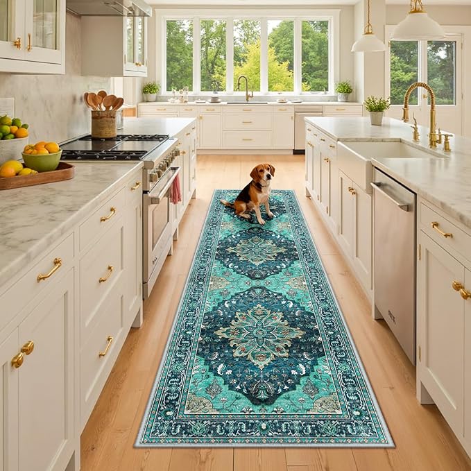 RELEANY Area Rugs Runner 2'6"x8' Washable Non-Slip, Floral Vintage Distress Medallion Carpet for Kitchen Hallway Bedroom Beside Laundry Room Bathroom, Teal Green Lake Blue Turquoise
