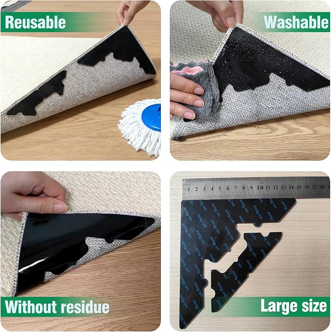 8 Pcs Large Non Slip Rug Pads Carpet Tape for Hardwood & Tile,No Residue | Reusable Extra Thick Double Sided Adhesive,Secures Area Rug Corners,Fits Laminate Carpet Floors,Rug Stickers,No Damage