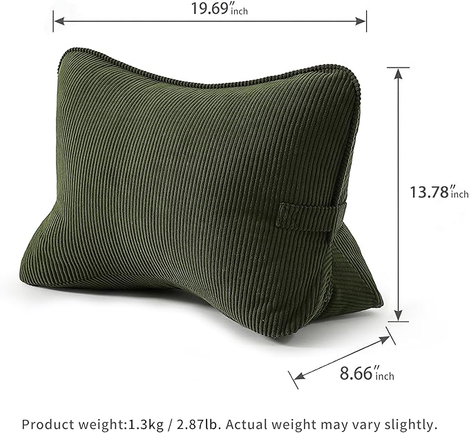 Pat. Pend. Corduroy Ergonomic Lumbar Support Pillow for Sitting Support, Triangle Back Cushion for Sofa, Armchair & Bed, Washable Cover, Avocado Green