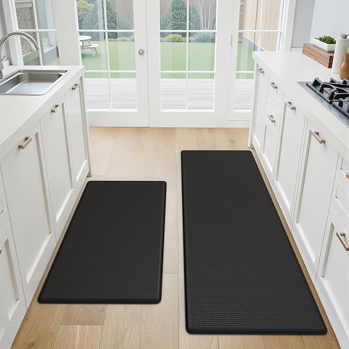Kitchen Mats for Floor 2 Piece - 17"x29"+17"x47" Anti Fatigue Mats for Kitchen Floor - Non Slip Cushioned Rugs for Standing - Black