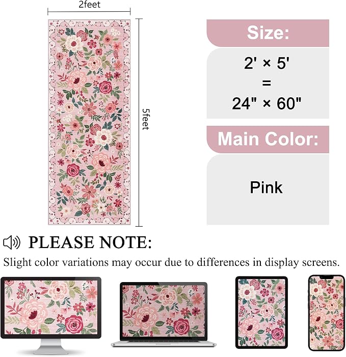 DUKINO 2x5 Runner Rug for Hallway, Washable Kitchen Floral Runner Rug with Non Slip Backing, Low Pile Soft Boho Carpet for Kitchen, Hallway, Entryway, Laundry, Bedroom, Pink