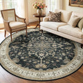 RELEANY Area Rugs Round 6ft Washable Non-Slip, Floral Vintage Distress Medallion Carpet for Living Room Bedroom Dining Room, Vintage Black Brown Neutral
