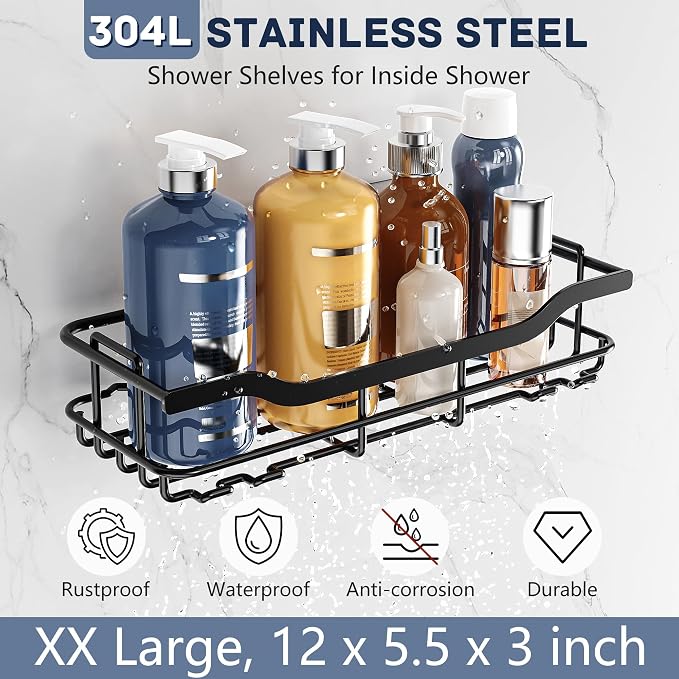 OMAIRA 3-Pack Shower Caddy with Soap Holder, Adhesive Rustproof No-drill Strudy Loading Inside Shower Organizer Shelves Rack Storage Bathroom Organization for Smooth Wall Glass Tile, Black (X-Large)