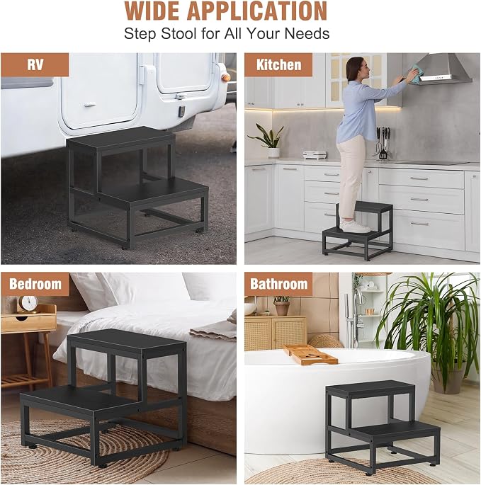LIANTRAL 2 Step Stool for Adults Kids, Heavy Duty Sturdy Steel Frame with Wooden Steps, Bedside Foot Stool with 500lbs Load Capacity, Non-Slip Step Stool for High Bed, Kitchen, RV Step - Black