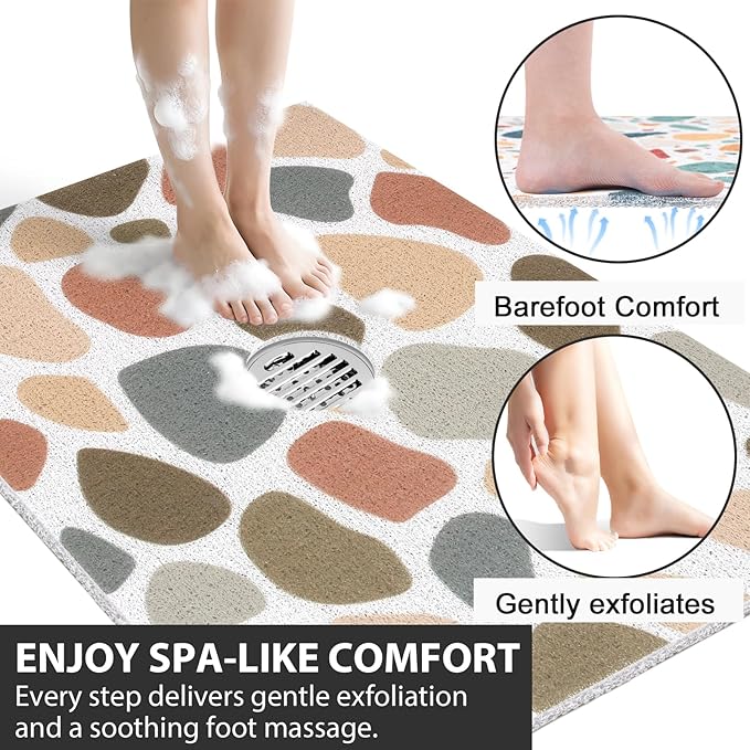 Non Slip Shower Mat: 32x24 Inch Extra Large Shower Mats for Inside Shower with Drain Hole in Middle - Soft PVC Loofah Anti Slip Shower Floor Mat for Standing and Walk-in Shower, Quick Drying