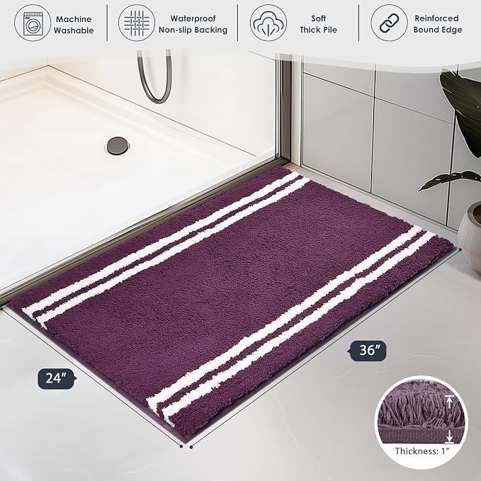 PURRUGS Bathroom Rug Non-Slip Machine Washable 24" x 36", Super Absorbent and Quick Dry Shaggy Microfiber Bath Mat, Extra Soft and Plush Bath Rug for Bathtub, Shower, and Sink, Purple