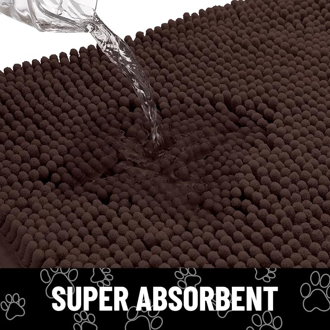 Smiry Dog Door Mat for Muddy Paws, Absorbent Dirt Trapper Non Slip Quick Dry Washable Chenille Mat for Mud Dogs, Entry Rug for Indoor and Outdoor (59x35 Inches, Brown and Black)