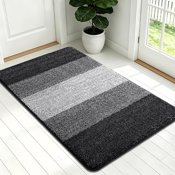 Kitinjoy Indoor Outdoor Door Mat, 54x32 Non-Slip Absorbent Dirt Trapper, Low-Profile Washable Inside Entrance Front Floor Mat, Sturdy Soft Entry Doormats for Entryway, Black