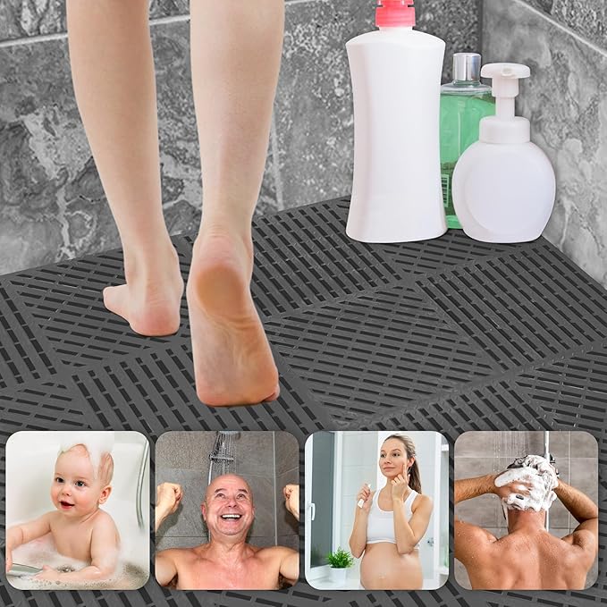 ToLanbbt Modular Interlocking Cushion 12P 11.8" x 11.8" Interlocking Rubber Floor Drain Holes Non-Slip Splicing Drainage Mats for Deck, Shower, Kitchen, Drain Pool, Sauna Bath (Dark Grey, Diagonal)