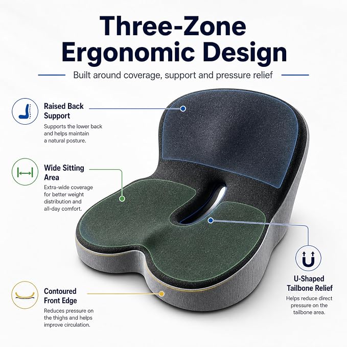 Orthopedic Cushion for Car, Extra Wide Thick Seat Cushion for Long Haul Driving with High Density Support and U-Shaped Tailbone Relief for Truck Drivers and Commuters (Dark Grey)