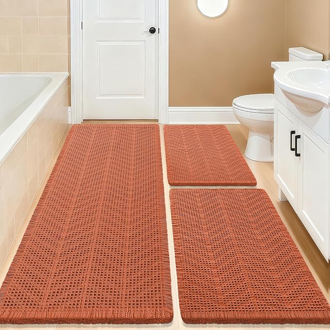 Upgrade Waffle Bath Mat Set 3 Piece, Boho Bathroom Rugs Absorbent Non Slip, Soft Bathroom Mats, Machine Washable Knit Bath Rugs with Herringbones for Bathroom, Bedroom, Kitchen, Shower, Burnt Orange