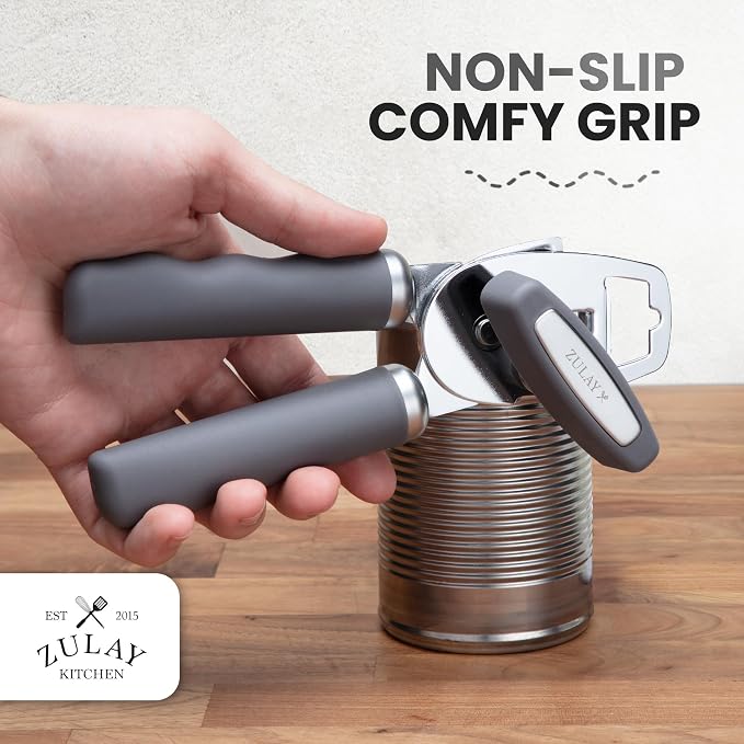 Zulay Kitchen Heavy Duty Stainless Steel Can Opener Manual with Bottle Opener - Rust Proof Manual Can Opener With Turn Knob & Comfy Soft Grip Handles - Gray