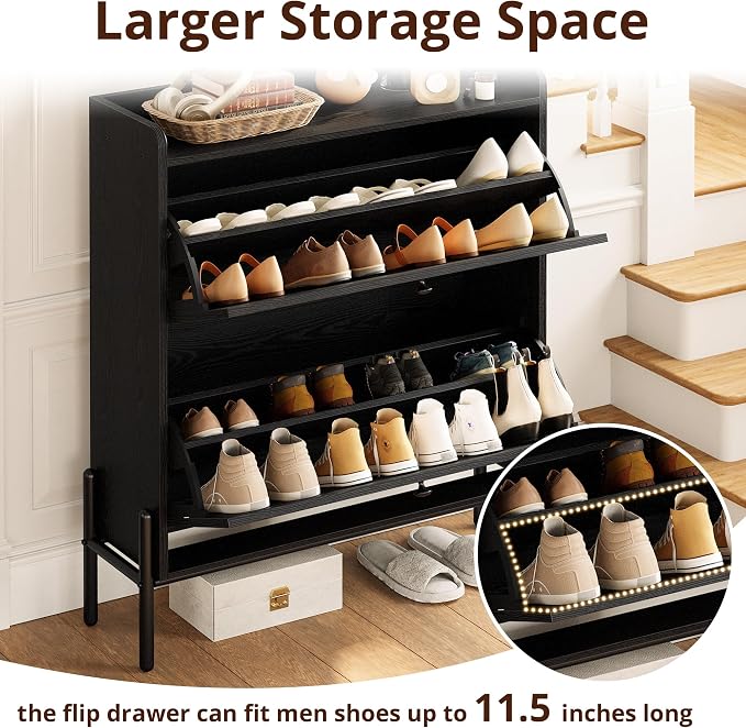 IRONCK Shoe Cabinet Storage with 2 Flip Drawers, Free Standing Wooden Shoe Storage Organizer Cabinet with Rattan Doors for Entryway, Narrow Shoe Rack Cabinet, Black
