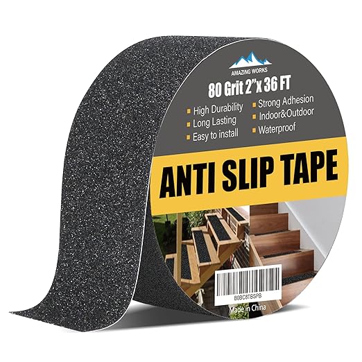 Grip Tape - Heavy Duty Anti Slip Tape, Grip Tape Grit Non Slip for Stairs Outdoor/Indoor, Waterproof High Traction Stairs Non Skid Treads, Durable Triple Layer Adhesive - Black (2 Inch x 36 Feet)