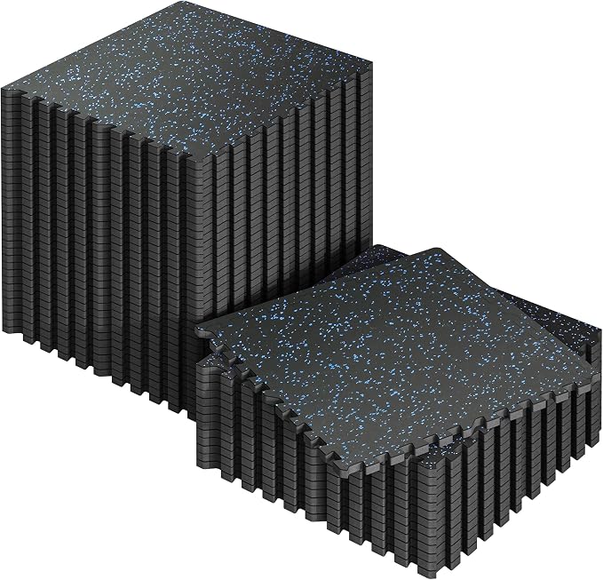 SUPERJARE 0.56'' Thick 48 Pcs 192 Sq Ft Rubber Top Exercise Equipment Mats, High Density EVA Foam Mats with Rubber Top, Interlocking Gym Flooring for Home Gym, Protective Workout Mat, Black/Blue