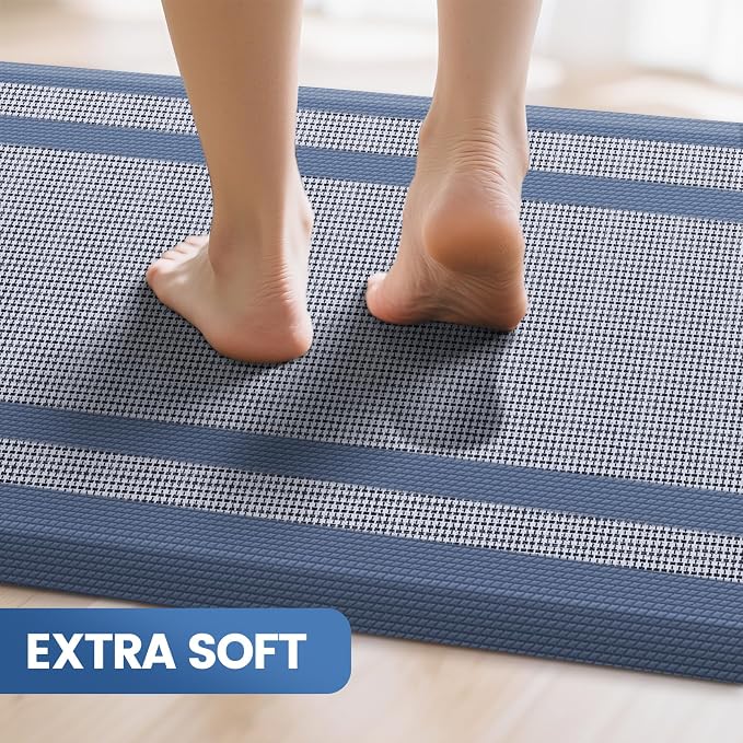 KitchenClouds [2 PCS Kitchen Rugs Cushioned Anti-Fatigue Kitchen Mats for Floor Waterproof Kitchen Rug Set Non-Slip Comfort Standing Mat for Office, Sink, Laundry 20"×30"+20"×47",Blue