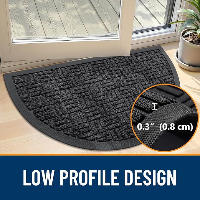 OLANLY Half Circle Door Mat Outside Entrance 29.5x17, Absorbent, Heavy Duty Sturdy Natural Rubber Doormat Indoor Outdoor, Fade Resistant, Non-Slip Backing Low Profile Floor Mat for Entryway, Black