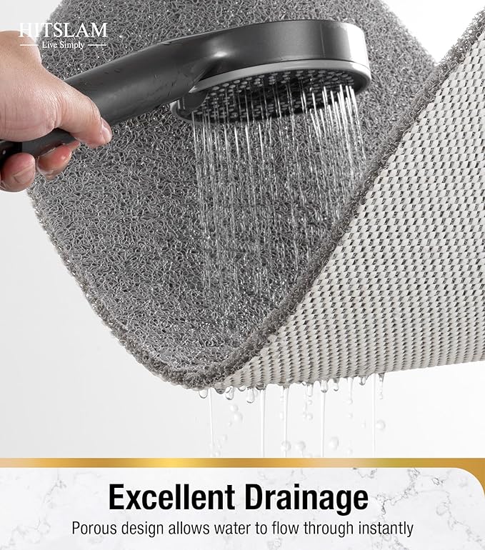 HITSLAM Oval Loofah Shower Mat Non Slip, 27x16 Inch Bath Mat for Textured Tub & Inside Shower Stall, No Suction Cups Quick Drying PVC Porous Floor Mat, Soft Foot Exfoliating Bathtub Mat, Grey