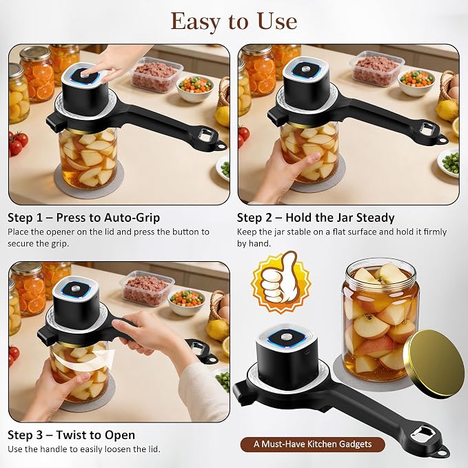 Electric Jar Opener for Seniors with Auto-Adjusting Gripper, Rechargeable Jar & Bottle Openers for Weak Hands and Arthritis, Easy Twist Off Lid Opener with Rubber Gripper Pad, Fits 1"-3.5" Lids(White)
