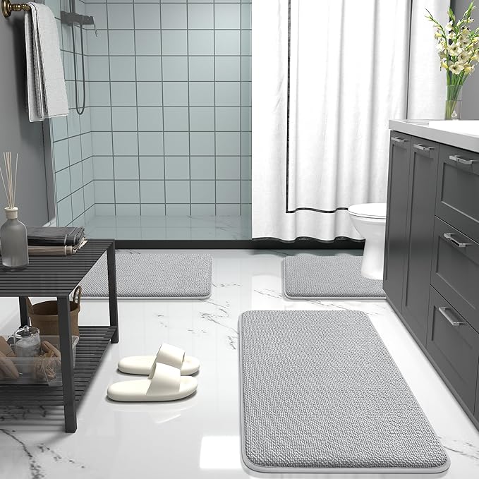 OLANLY Thick Memory Foam Bath Mat Rug 30x20, Extra Soft Absorbent Bathroom Rug, Quick Dry Bath Mats, Non-Slip, Machine Washable Carpet for Bathroom, Tub and Shower, Home Decor Accessories, Light Grey