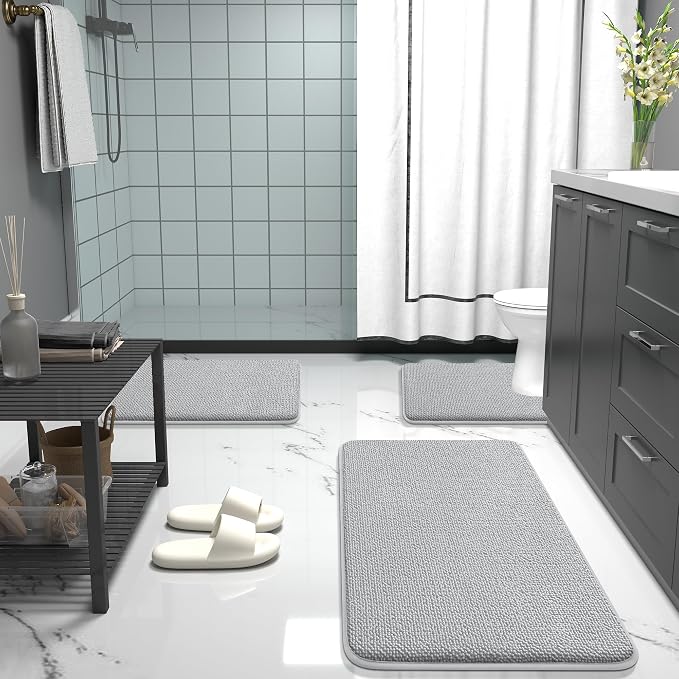 OLANLY Thick Memory Foam Bath Mat Rug 36x24, Extra Soft Absorbent Bathroom Rug, Quick Dry Bath Mats, Non-Slip, Machine Washable Carpet for Bathroom, Tub and Shower, Home Decor Accessories, Light Grey