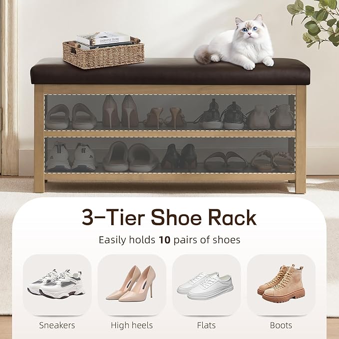Zihanhome Shoe Rack Bench with Leather Cushion, 2 Tier Solid Wood Storage Bench, Mid-Century Modern Shoe Bench for Entryway, Hallway, Closet, Front Door Entrance, Foyer (Dark Brown, 46.5)