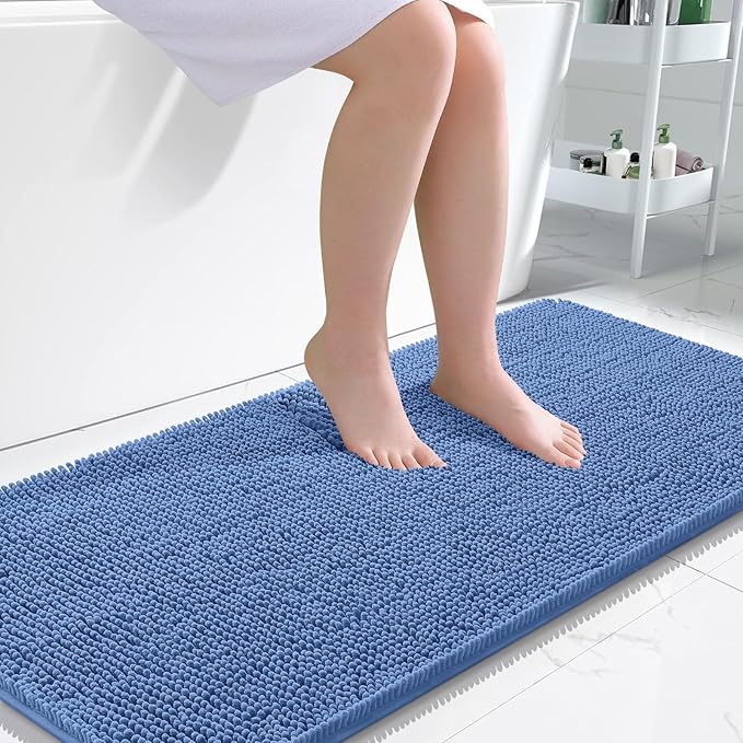 OLANLY Bathroom Runner Rugs 47x24, Soft Absorbent Chenille Bath Rugs, Rubber Backing Quick Dry, Machine Washable Long Bath Mats for Bathroom, Tub and Shower, Home Decor Accessories, Cornflower Blue