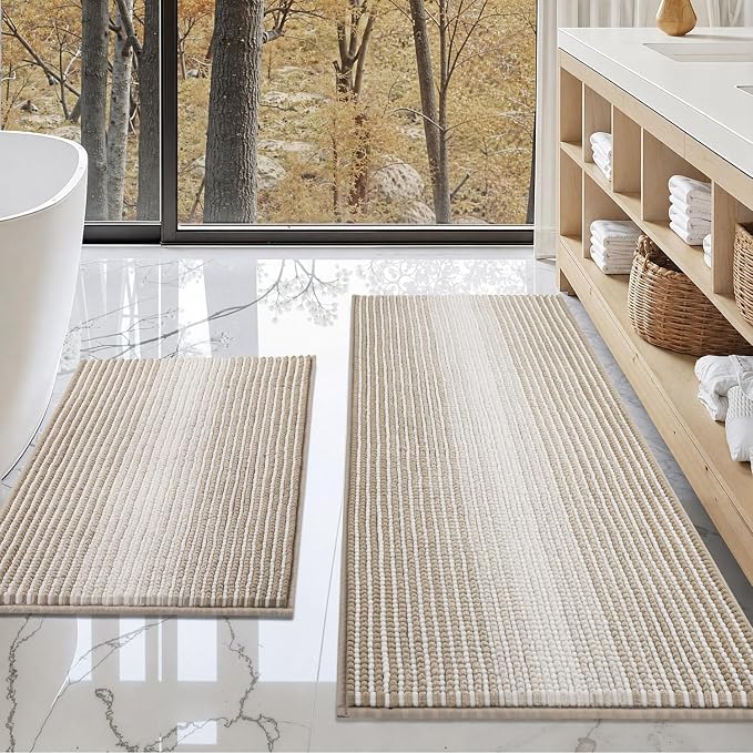 BSICPRO Bathroom Rugs and Mats Sets, 2 Piece Thick Absorbent Chenille Bath Mat Rug Set Non Slip, Soft Shaggy Bath Room Floor Mats for Bathroom, Machine Washable (Light Taupe, 20" x 47" Plus 20" x 32")