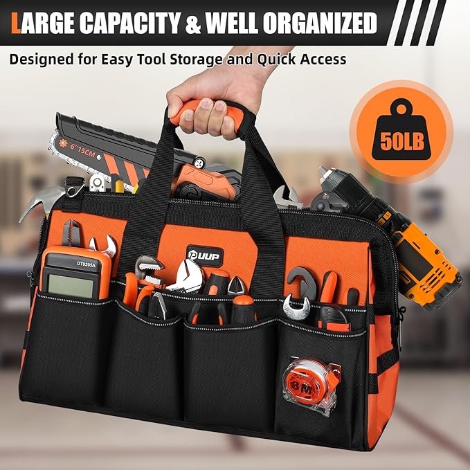 UUP Heavy Duty Tool Bag 18-Inch, 16-Pocket Portable Soft Tool Box Organizer Storage, Handle Tactical Carry Tote Empty Toolbox with Large Zipper, Father Day Dad Men Gift for Mechanic Engineer, Orange