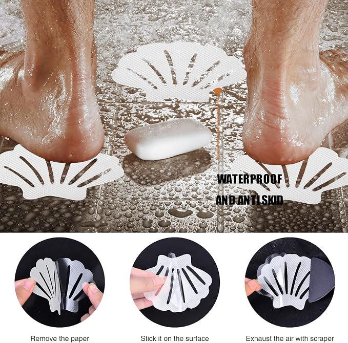 Secopad Non-Slip Bathtub Stickers, 24 PCS Shell Safety Bathroom Tubs Showers Treads Adhesive Decals Scraper (White)