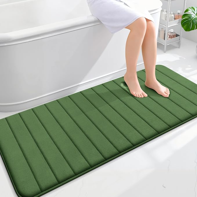 OLANLY Memory Foam Long Bathroom Rugs Runner 59x24, Super Soft Absorbent Bath Mat, Quick Dry, Machine Washable Shower Floor Rugs, Bathmat Carpet, Bathroom Home Decor Accessories, Olive Green