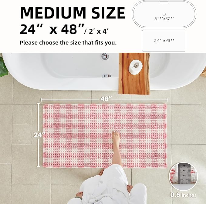TYUU Waffle Bath Mat, Boho Bathroom Rugs Non Slip Washable Absorbent Checkered Bathroom Mat Quick Dry Cute Bath Mat, 48"x24" Pink and White