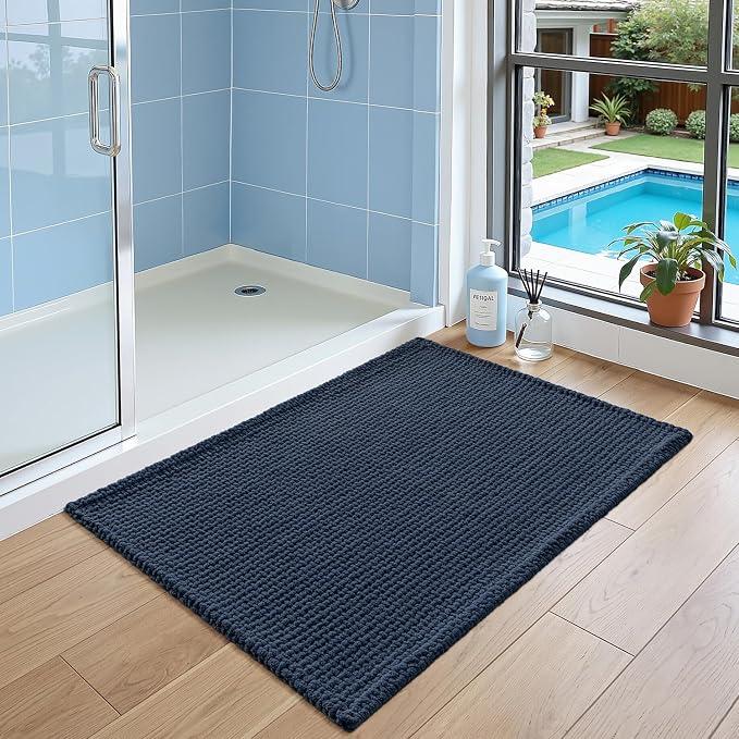 DEXI Bathroom Rugs 36x24, Non Slip Washable Bath Mat, Absorbent Chenille Bathmat, Ultra Soft Thick Carpet for Tub Shower Floor, Navy