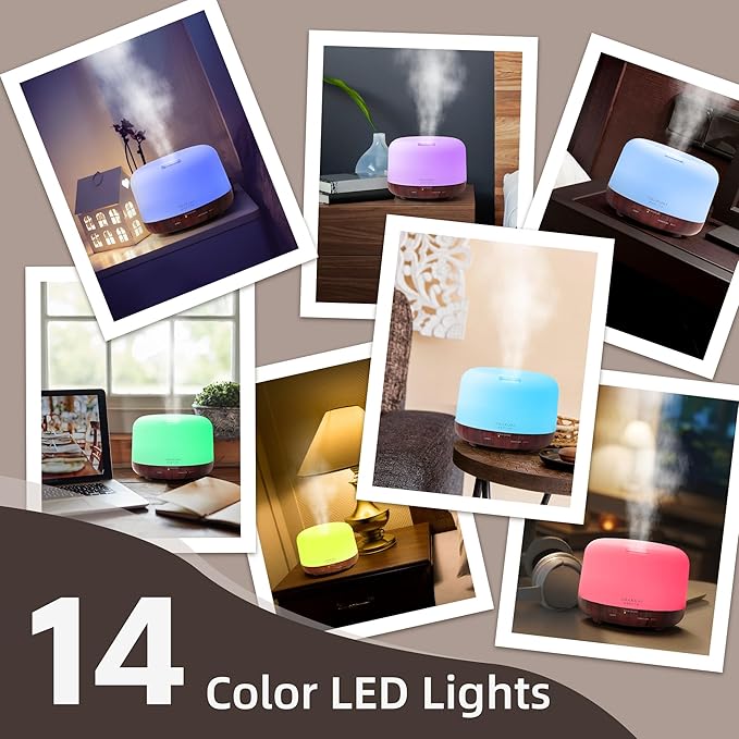 ASAKUKI Essential Oil Diffuser for Home, 500ML Aromatherapy Diffuser Humidifier with Remote Control, 7 Color LED Lights, Quiet Cool Mist Diffuser for Bedroom, Living Room, Office (Reddish-Brown)