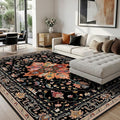 RELEANY Area Rugs 8'x10' Washable Non-Slip, Floral Vintage Distress Medallion Carpet for Living Room Bedroom Dining Room, Black Colorful Floral Dark Tan