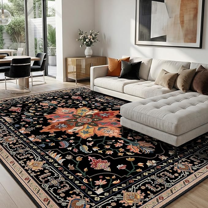RELEANY Area Rugs 8'x10' Washable Non-Slip, Floral Vintage Distress Medallion Carpet for Living Room Bedroom Dining Room, Black Colorful Floral Dark Tan