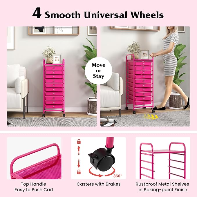 10-Drawer Rolling Storage Cart, Trolley w/Lockable 360° Wheels, 10 Removable PP Drawers, Sturdy Metal Frame, Rolling Utility Cart Perfect for Home, Office, Classroom (Hot Pink)