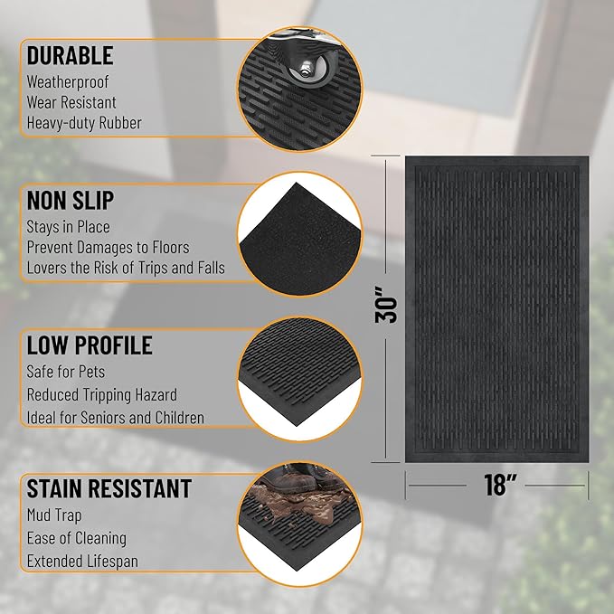 Ottomanson Waterproof Rubber Outdoor Doormat – Heavy-Duty Non-Slip Rubber Floor Mat with Ridge Scraper Pattern, All-Weather Front Door Entry Mat for Mud & Dirt Control – 18" x 30", Black