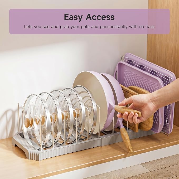 MUDEELA Pot Lid Organizer Rack for Cabinet, Expandable Pots and Pans Organizer under Cabinet with 12 Adjustable Dividers, Pan Organizers Holder inside Cabinet for Cutting Boards, Baking Sheets, Grey
