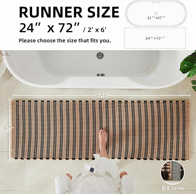 TYUU Waffle Runner Rug Bathroom, Long Boho Bathroom Rugs Non Slip Washable Super Absorbent Quick Dry Farmhouse Bath Decor, 72"x24" Black and Khaki