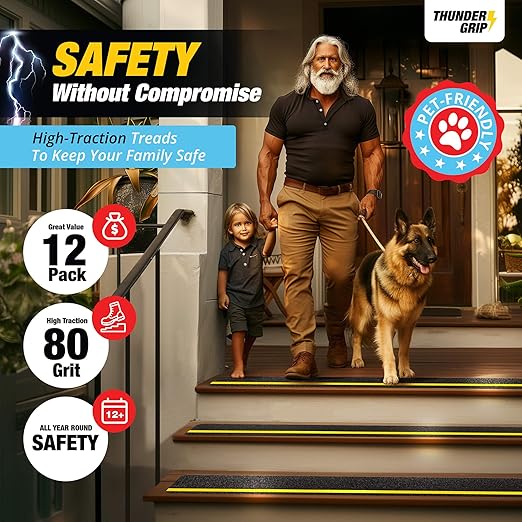 Reflective Grip Tape for Stairs 30" x 6" - 12-Pack Outdoor Stair Treads Non-Slip Weather Resistant - Anti Slip Tape for Exterior Wooden Steps - Waterproof 80-Grit Adhesive Treads by Thunder Grip