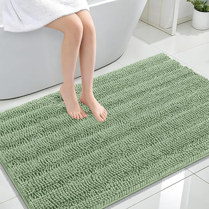 OLANLY Thick Large Bathroom Rugs 47x32, Extra Soft Absorbent Chenille Striped Bath Rugs, Rubber Backing, Machine Wash, Bath Mats for Bathroom Floor, Tub and Shower, Home Decor Accessories, Sage Green