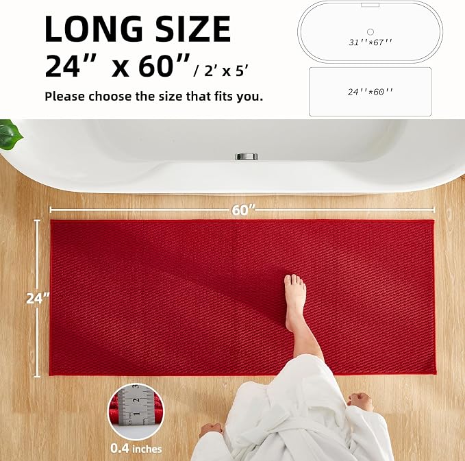 TYUU Christmas Bathroom Runner Rug, Long Bath Mat Washable Thin Quick Dry Low Pile Bathroom Runner Rugs 24 x 60 Non Slip, Red 24"x60"